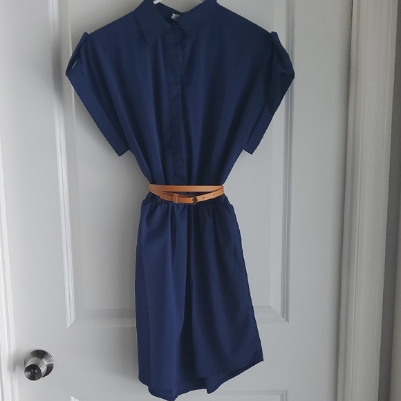 Elegant Blue Midi Dress with Tan Belt - Picture 1 of 4